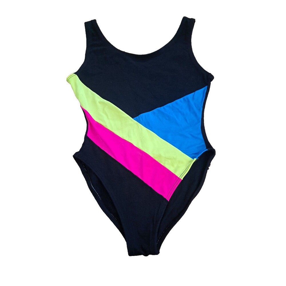 Womens Vintage One Piece Swimsuit Black Colorblock 1980s Body Wrappers Large